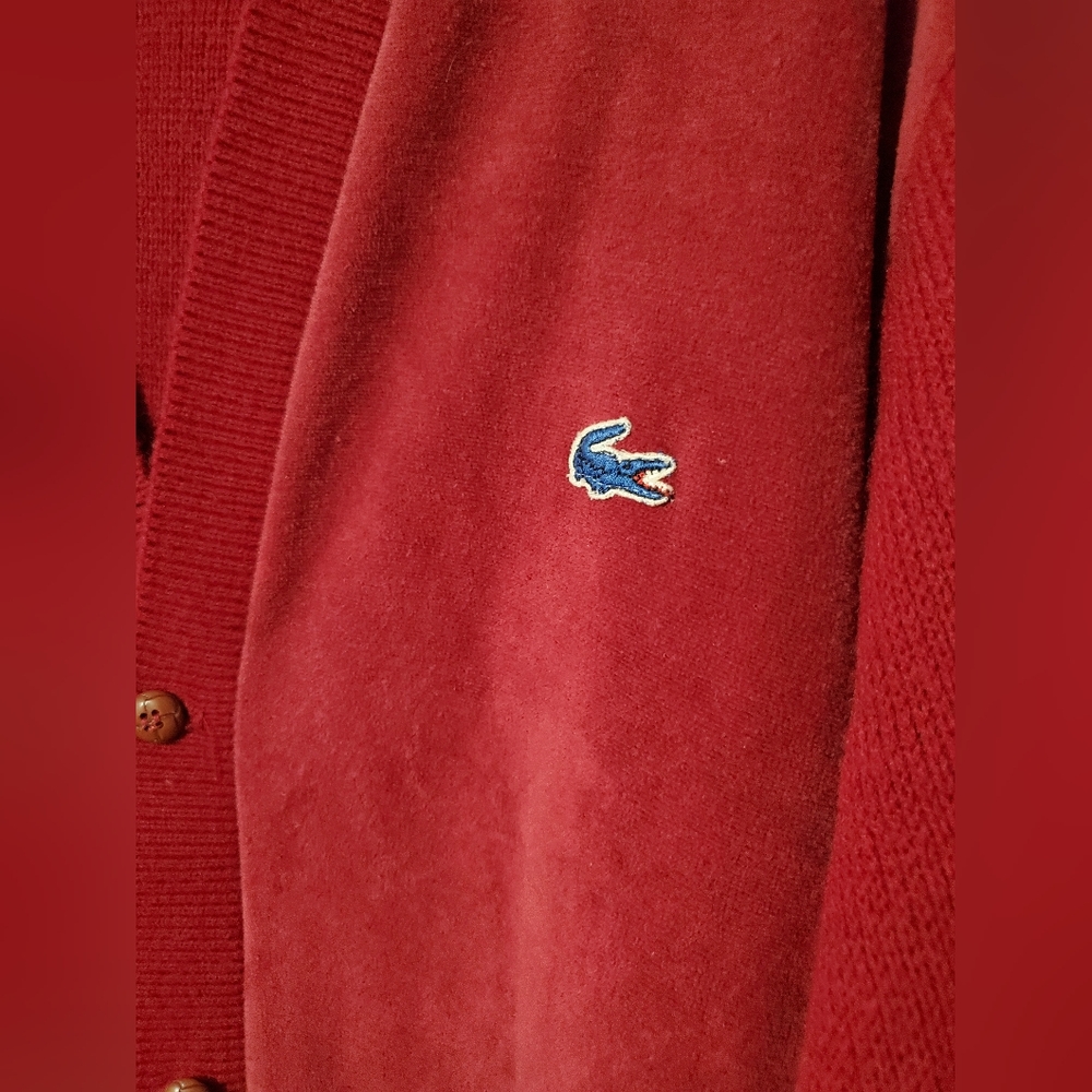 Vintage Lacoste Velour Textured Burgundy V-Neck Cardigan with Croc Logo XL - Picture 3 of 9